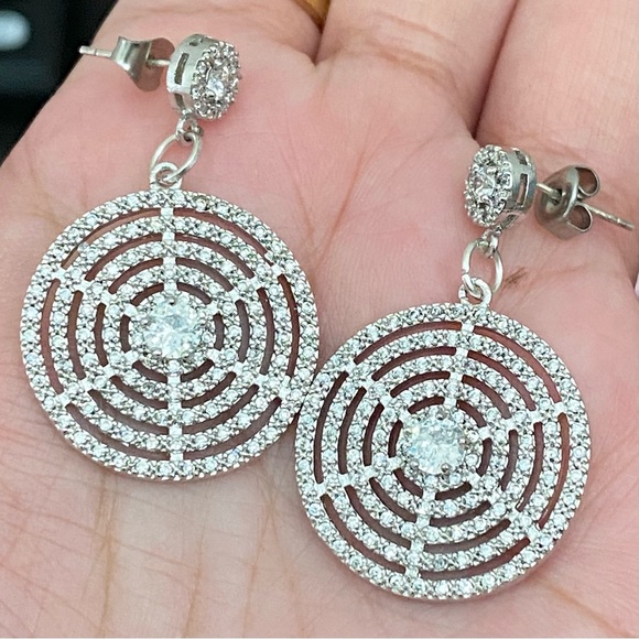 Silver-tone CZ Cubic Zirconia Round Swirl Web Pave Drop Earrings - Picture 3 of 13